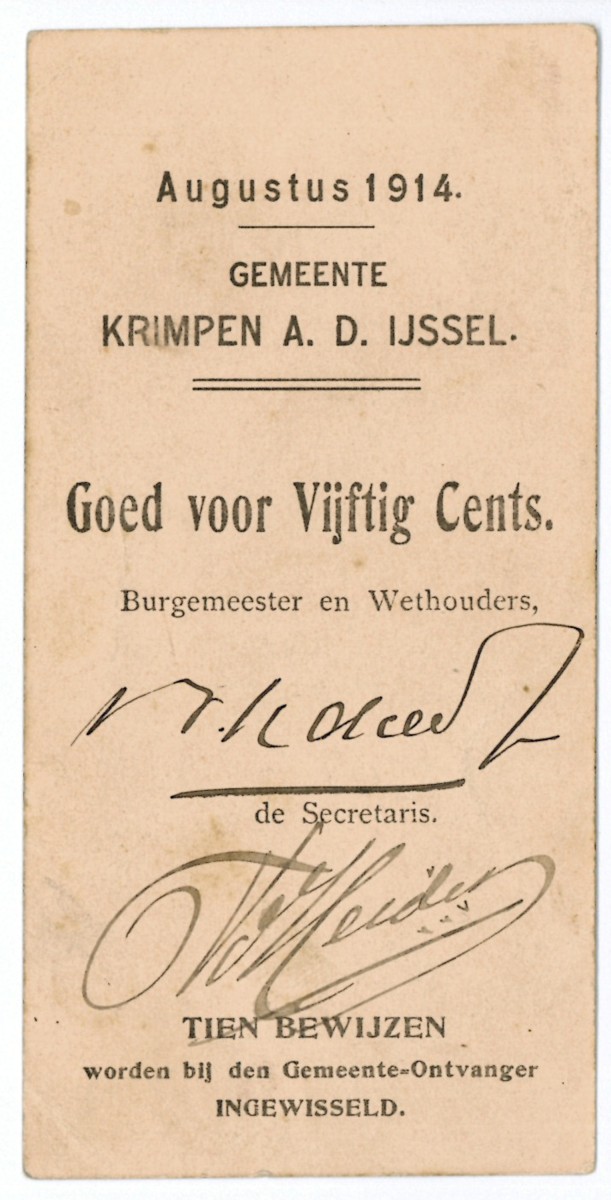 Nederland. 50 cent. Waardebon. Type 1914. Type Krimpen aan de IJssel. - Zeer Fraai.