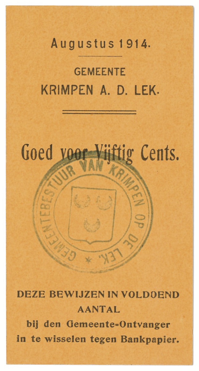 Nederland. 50 cent. Waardebon. Type 1914. Type Krimpen aan de Lek. - Prachtig.