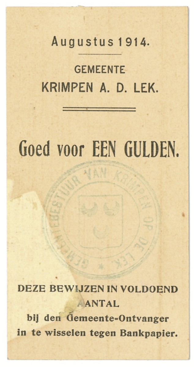 Nederland. 1 gulden. Waardebon. Type 1914. Type Krimpen aan de Lek. - Zeer Fraai.