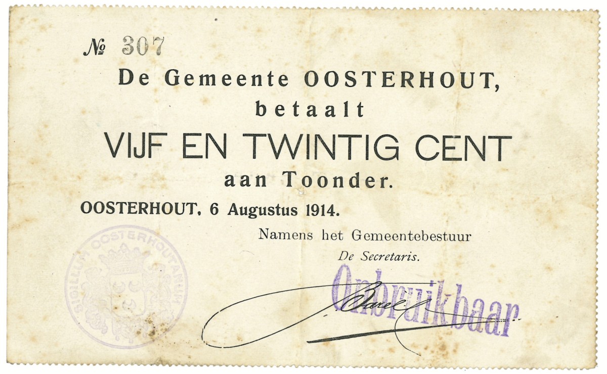 Nederland. 25 cent. Waardebon. Type 1914. Type Oosterhout. - Zeer Fraai.