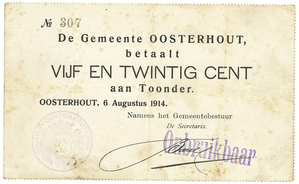 Nederland. 25 cent. Waardebon. Type 1914. Type Oosterhout. - Zeer Fraai.