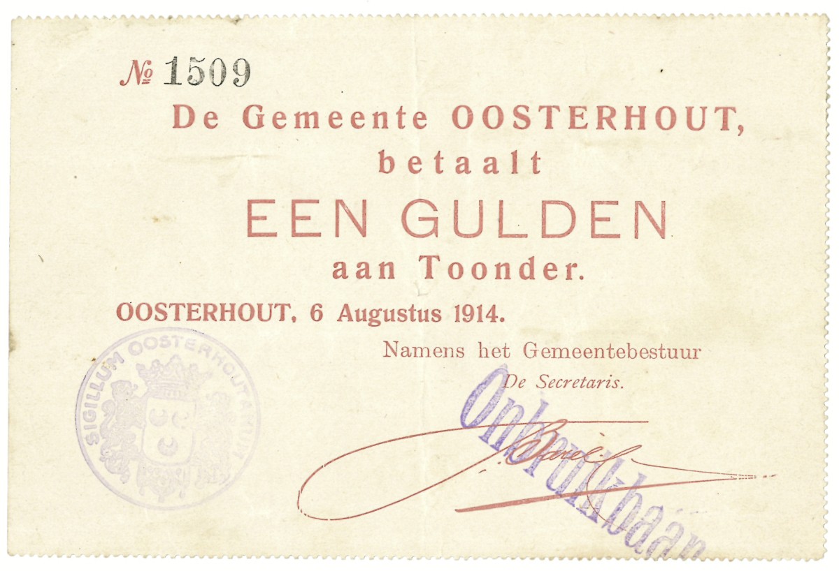 Nederland. 1 gulden. Waardebon. Type 1914. Type Oosterhout. - Zeer Fraai.