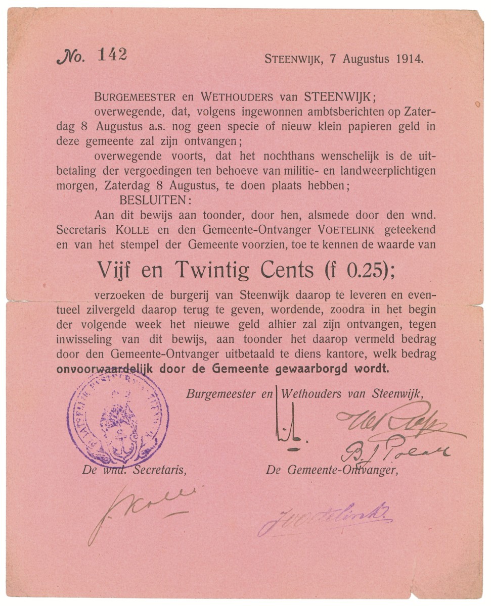 Nederland. 25 cent. Waardebon. Type 1914. Type Steenbergen. - Zeer Fraai.