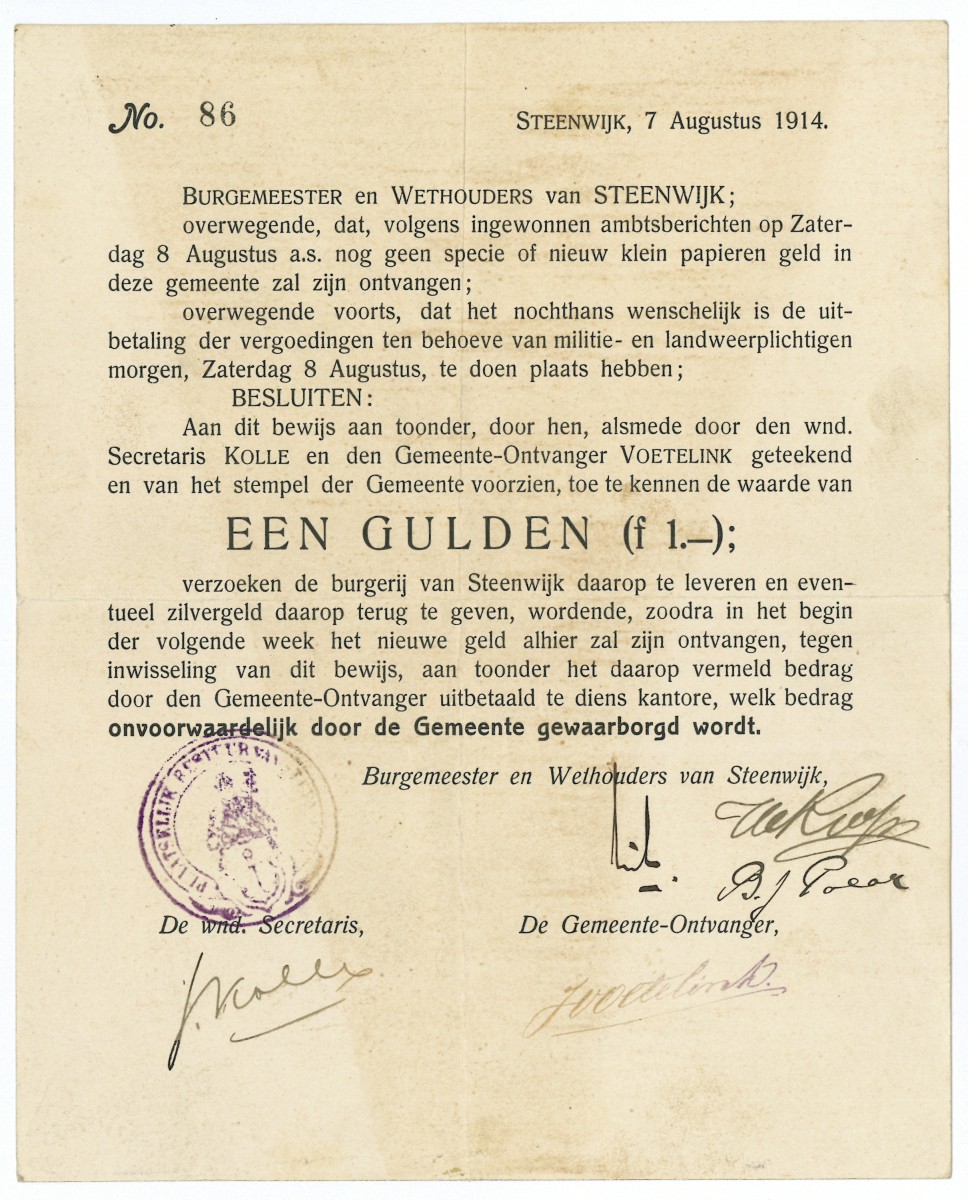 Nederland. 1 gulden. Waardebon. Type 1914. Type Steenwijk. - Zeer Fraai.