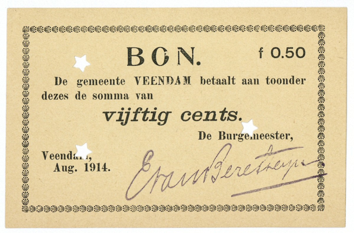 Nederland. 50 cent. Waardebon. Type 1914. Type Veendam. - Prachtig.