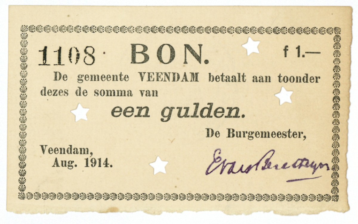 Nederland. 1 gulden. Waardebon. Type 1914. Type Veendam. - UNC.