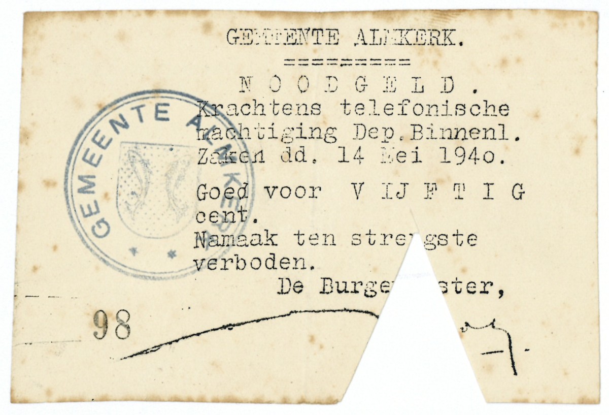 Nederland. 50 cent. Waardebon. Type 1940. Type Almkerk. - Fraai / Zeer Fraai.