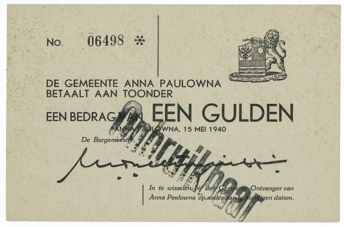 Nederland. 1 gulden. Waardebon. Type 1940. Type Anna Paulowna. - Prachtig.