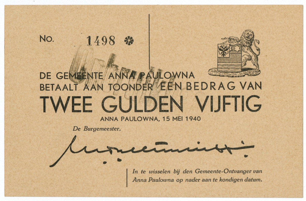 Nederland. 2½ gulden. Waardebon. Type 1940. Type Anna Paulowna. - Prachtig.