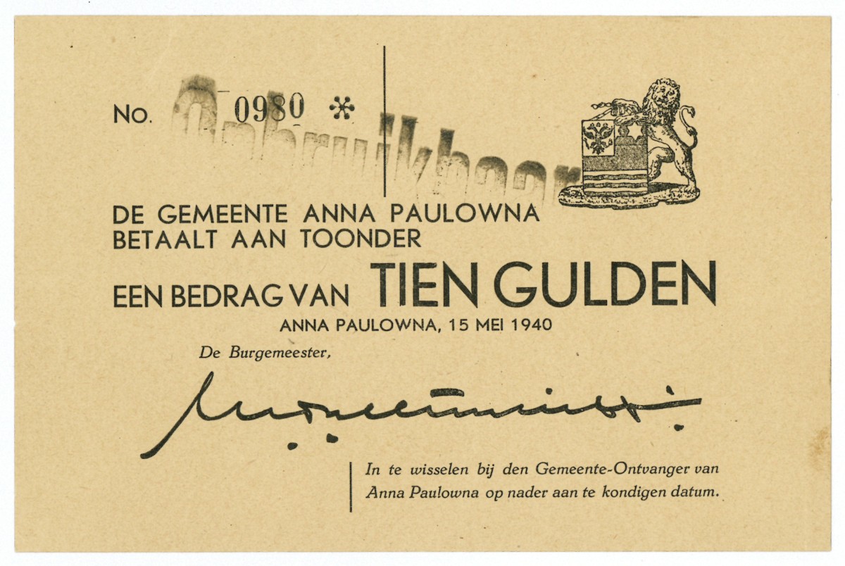 Nederland. 10 gulden. Waardebon. Type 1940. Type Anna Paulowna. - Prachtig.