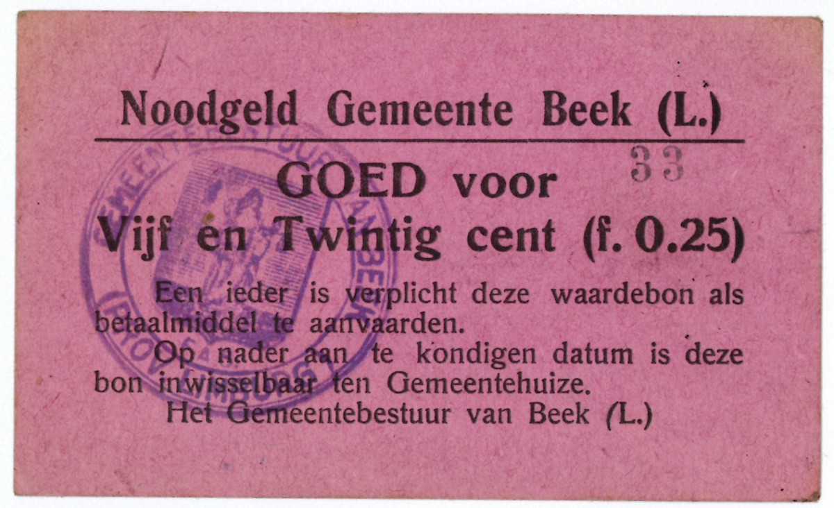 Nederland. 25 cent. Waardebon. Type 1940. Type Beek. - Prachtig.