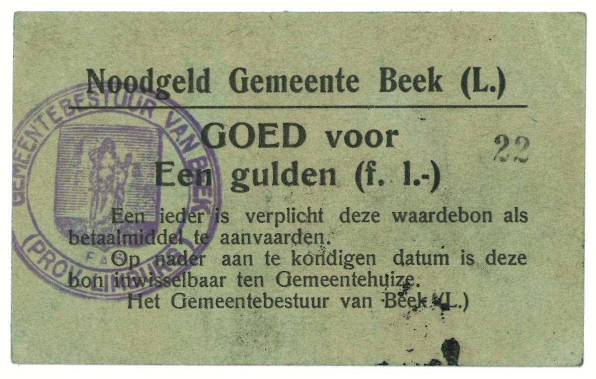 Nederland. 1 gulden. Waardebon. Type 1940. Type Beek. - Prachtig.