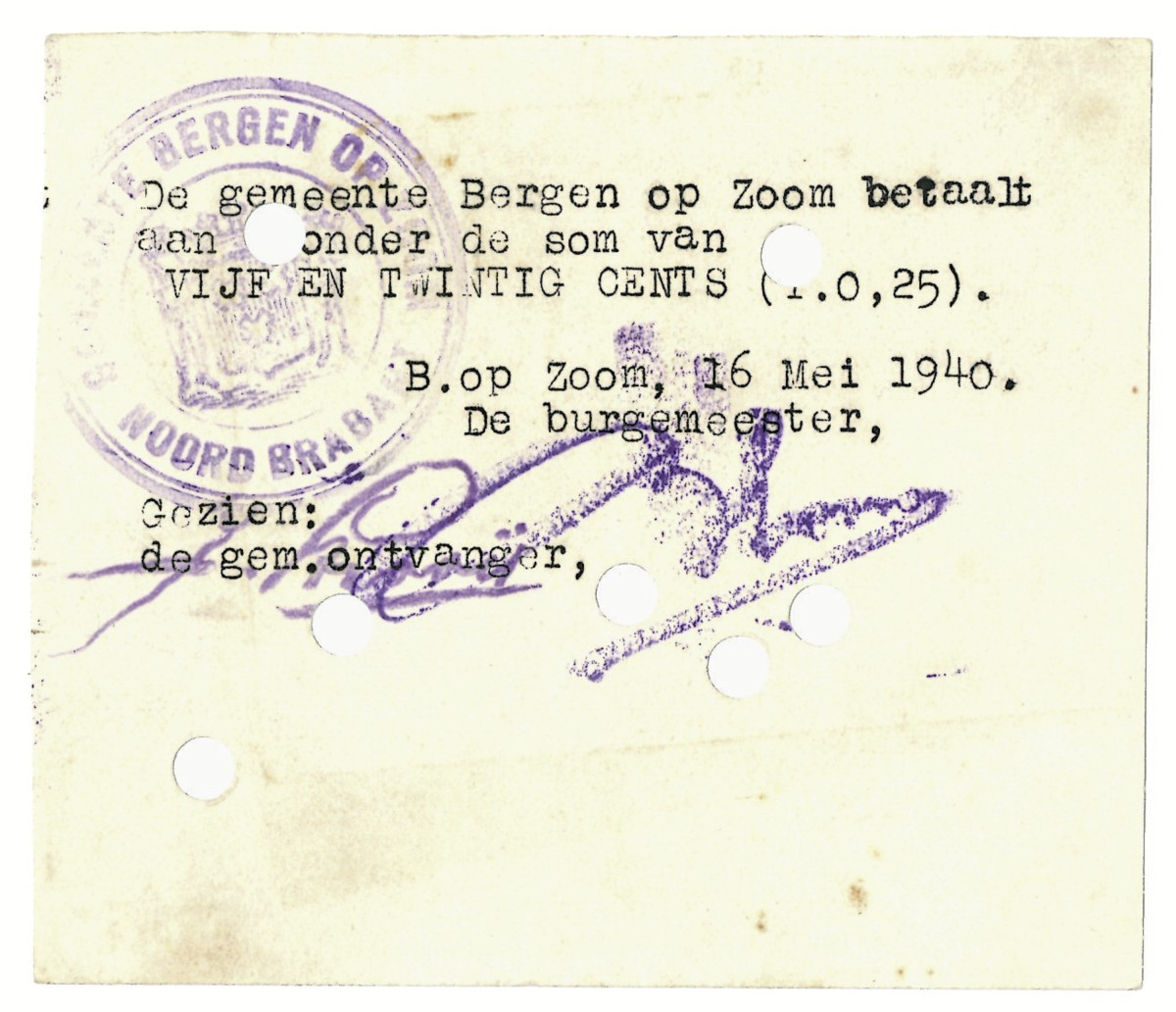 Nederland. 25 cent. Waardebon. Type 1940. Type Bergen op Zoom. - Prachtig.