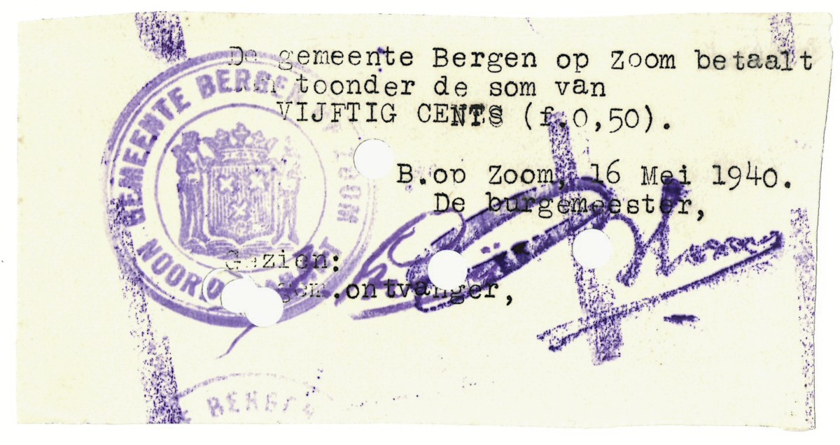 Nederland. 50 cent. Waardebon. Type 1940. Type Bergen op Zoom. - Prachtig.