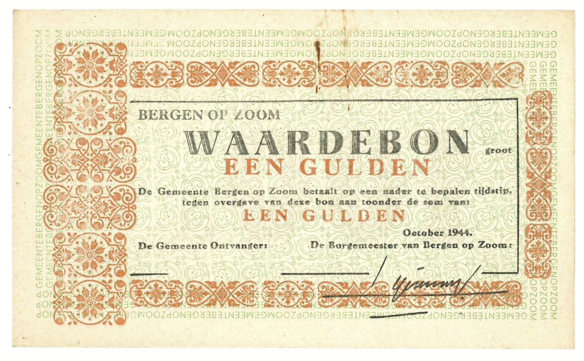 Nederland. 1 gulden. Waardebon. Type 1940. Type Bergen op Zoom. - Zeer Fraai / Prachtig.