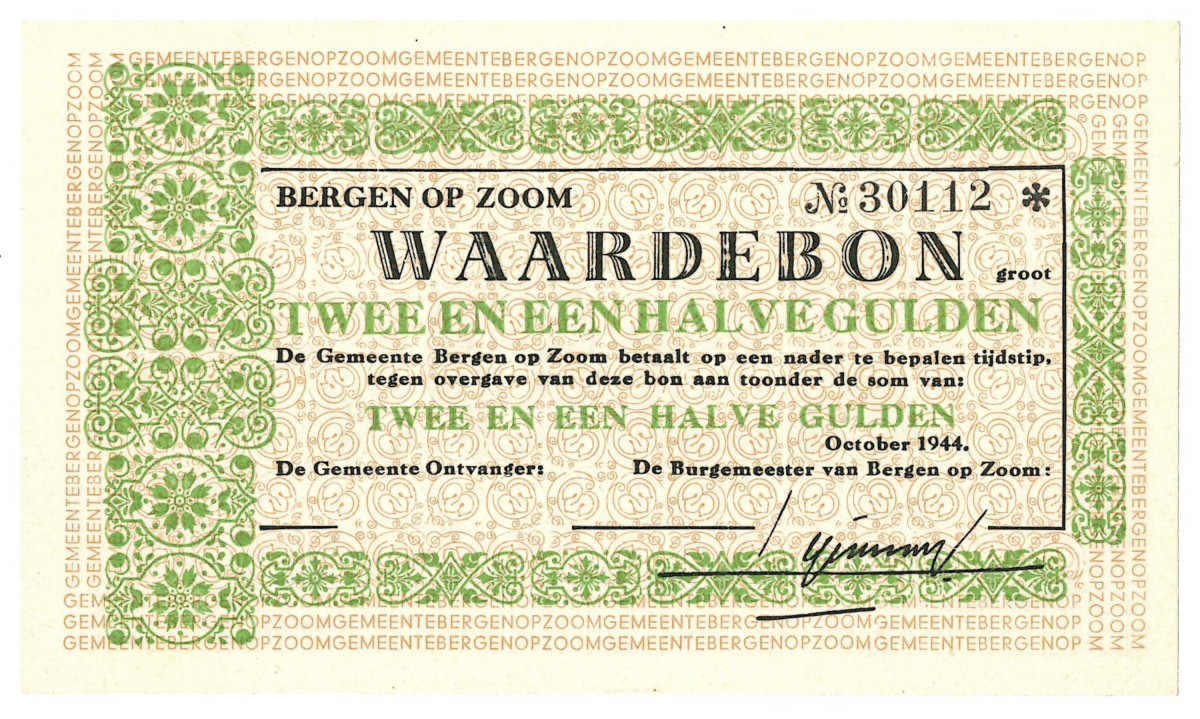 Nederland. 2½ gulden. Waardebon. Type 1940. Type Bergen op Zoom. - UNC.