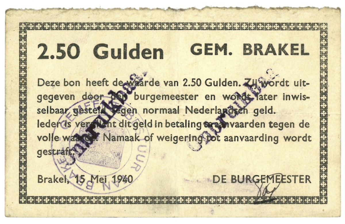 Nederland. 2½ gulden. Waadebon. Type 1940. Type Brakel. - Zeer Fraai.