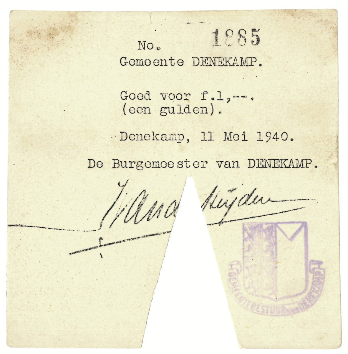 Nederland. 1 gulden. Waardebon. Type 1940. Type Denekamp. - Prachtig.