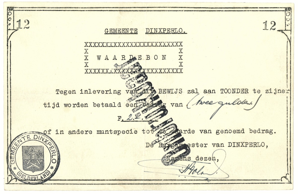 Nederland. 2 gulden. Waardebon. Type 1940. Type Dinxperlo. - Zeer Fraai.