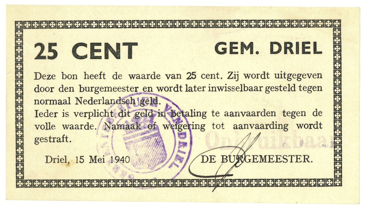 Nederland. 25 cent. Waardebon. Type 1940. Type Driel. - UNC.