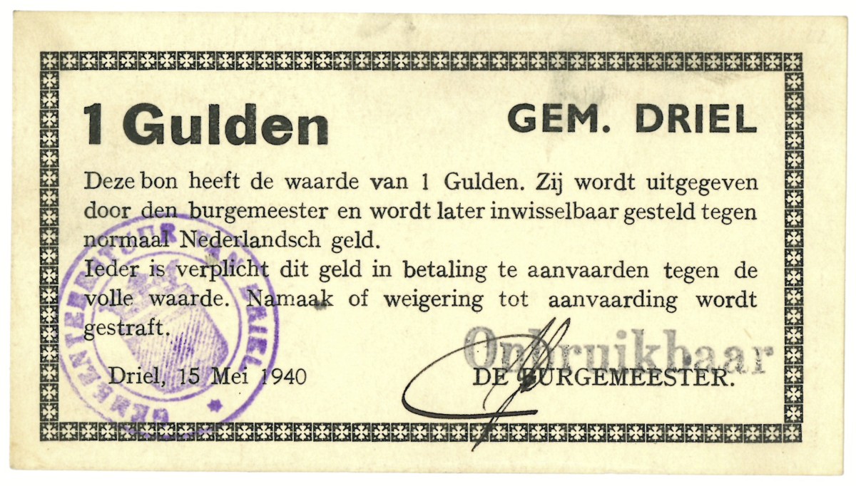 Nederland. 1 gulden. Waardebon. Type 1940. Type Driel. - UNC.