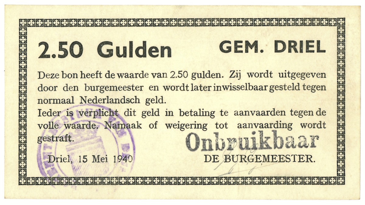 Nederland. 2½ gulden. Waardebon. Type 1940. Type Driel. - UNC.