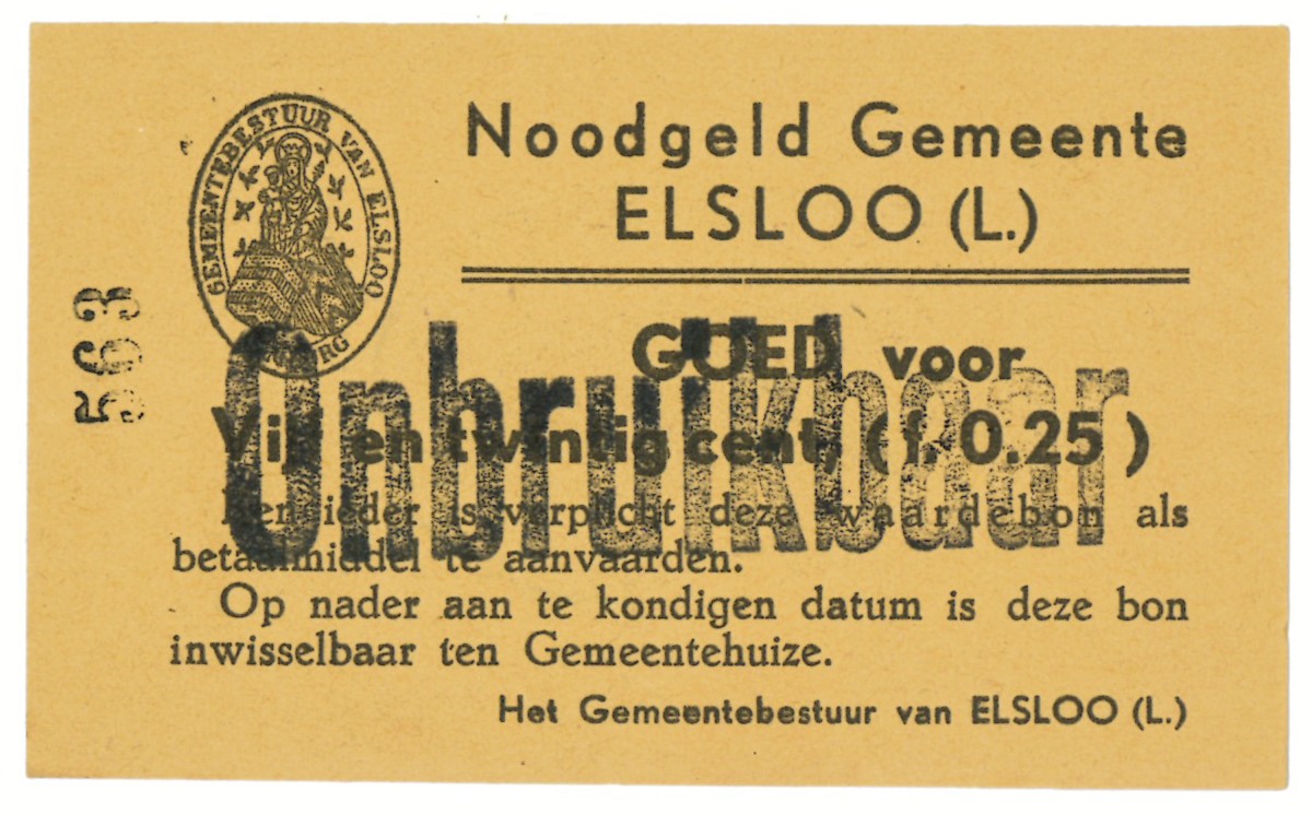 Nederland. 25 cent. Waardebon. Type 1940. Type Elsloo. - UNC.