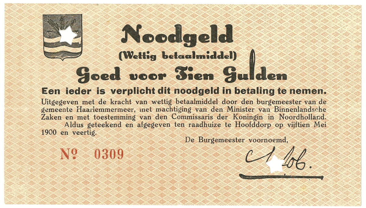 Nederland. 10 gulden. Waardebon. Type 1940. Type Haarlemmermeer. - Zeer Fraai / Prachtig.