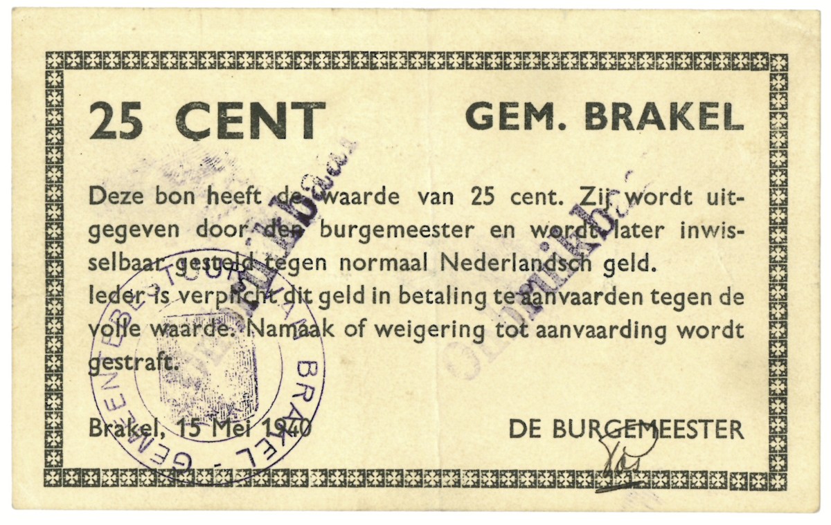 Nederland. 25 cent. Waaardebon. Type 1940. Type Brakel. - Zeer Fraai.