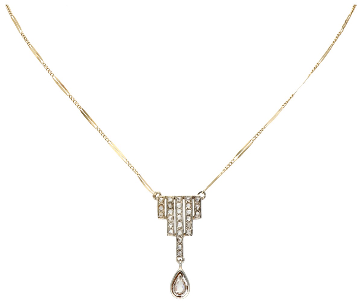 Tsjechische 14K geelgouden hanger aan figaro collier met diamant.