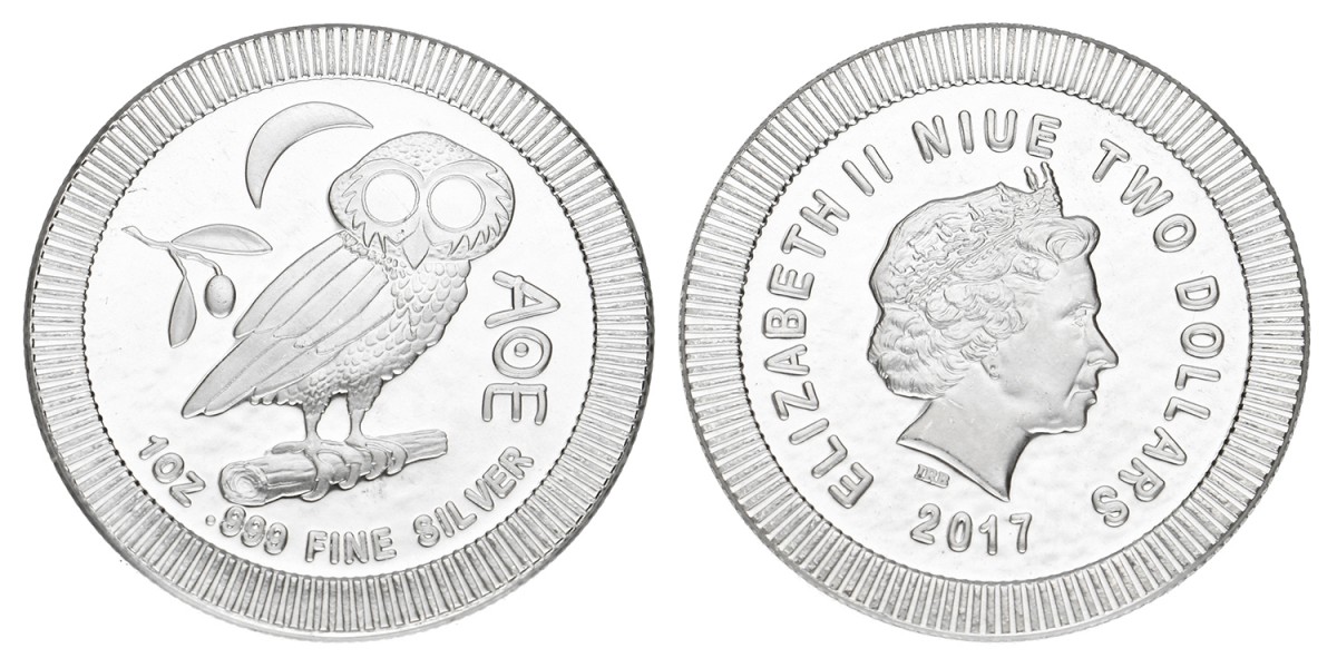 Niue. Elizabeth II. 	2 Dollars 'Owl of Athena'. 2017.