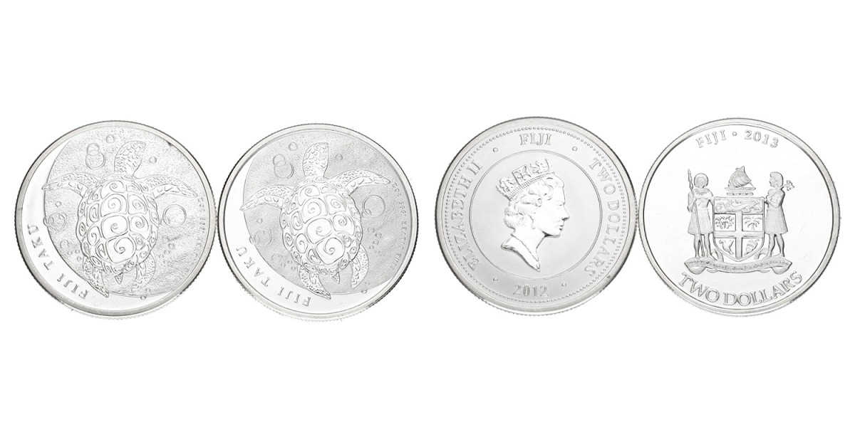 Fiji. Lot (2) 2 Dollar. 1 Oz. 'Turtle'. 2012/2013.