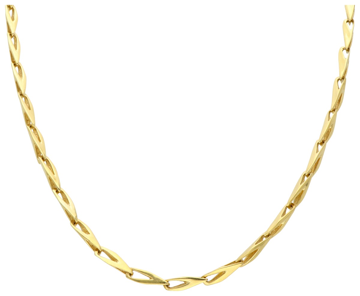 14K Geelgouden collier van driehoekige fantasieschakels.