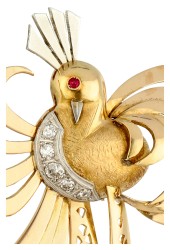 18K Bicolour gouden paradijsvogel broche bezet met ca. 0.30 ct. diamant.