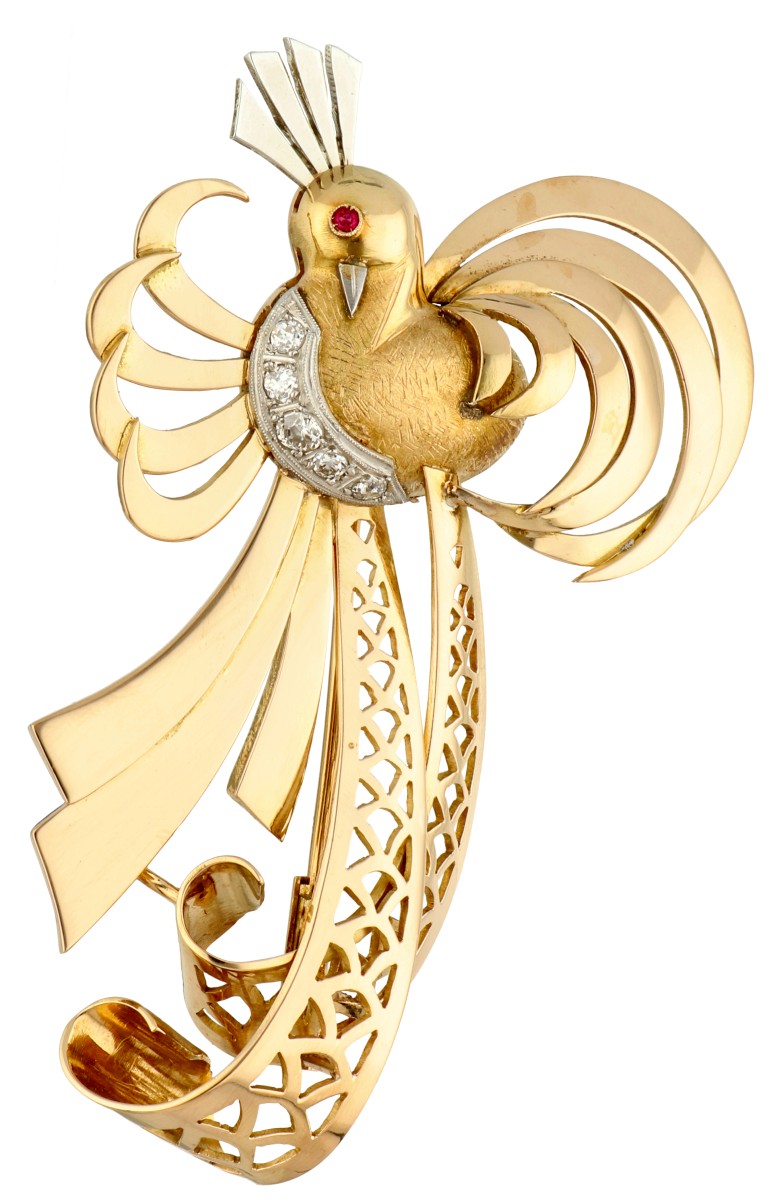 18K Bicolour gouden paradijsvogel broche bezet met ca. 0.30 ct. diamant.