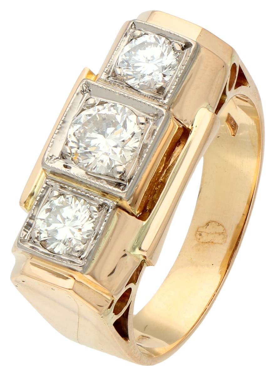 14K Geelgouden retro ring met diamanten.