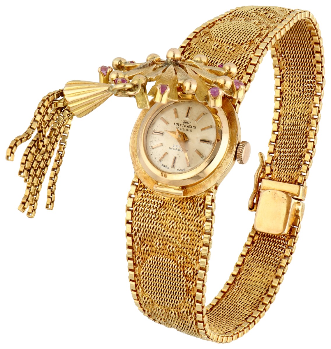 18K Geelgouden armband met horloge 'sous capot' en bezet met robijn.