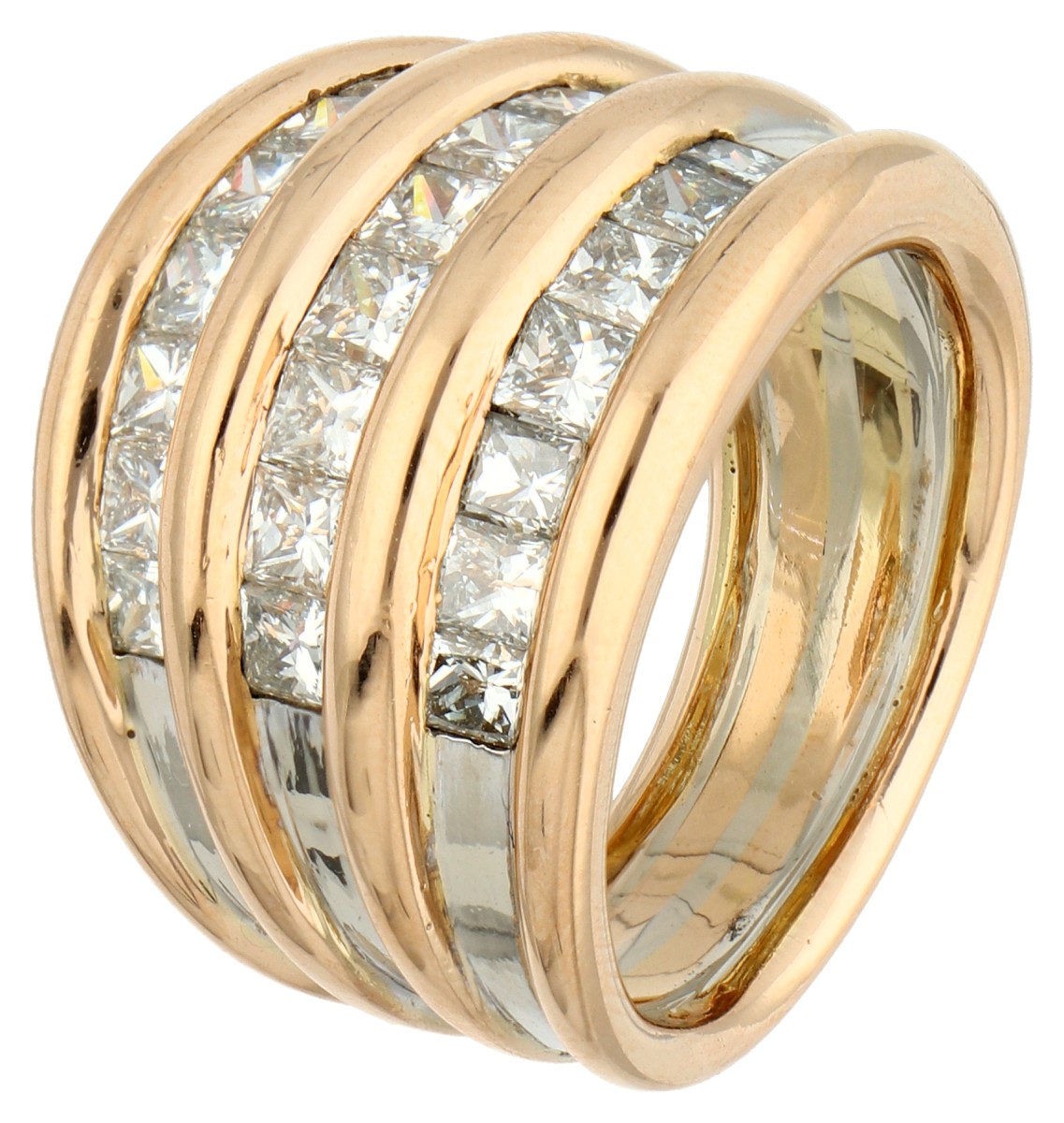 18K Geelgouden demi-alliance ring bezet met ca. 2.50 ct. princess geslepen diamant.