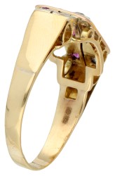 14K Geelgouden retro ring met diamant en synthetische robijn.