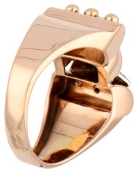 18K Roségouden retro ring bezet met diamant en synthetische robijn.