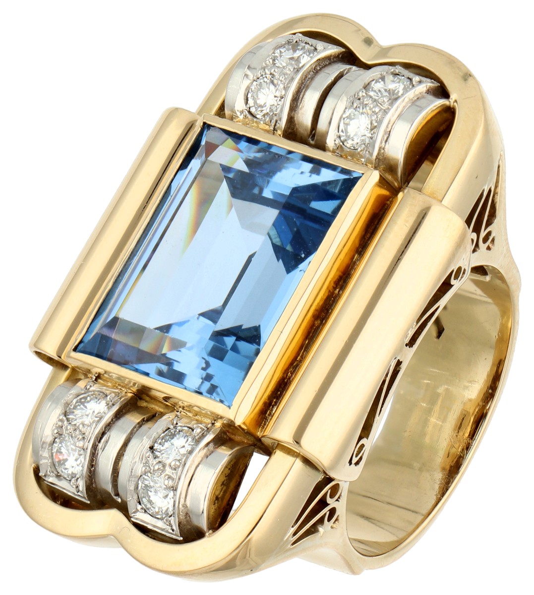 14K Geelgouden retro ring bezet met synthetische spinel en diamant.