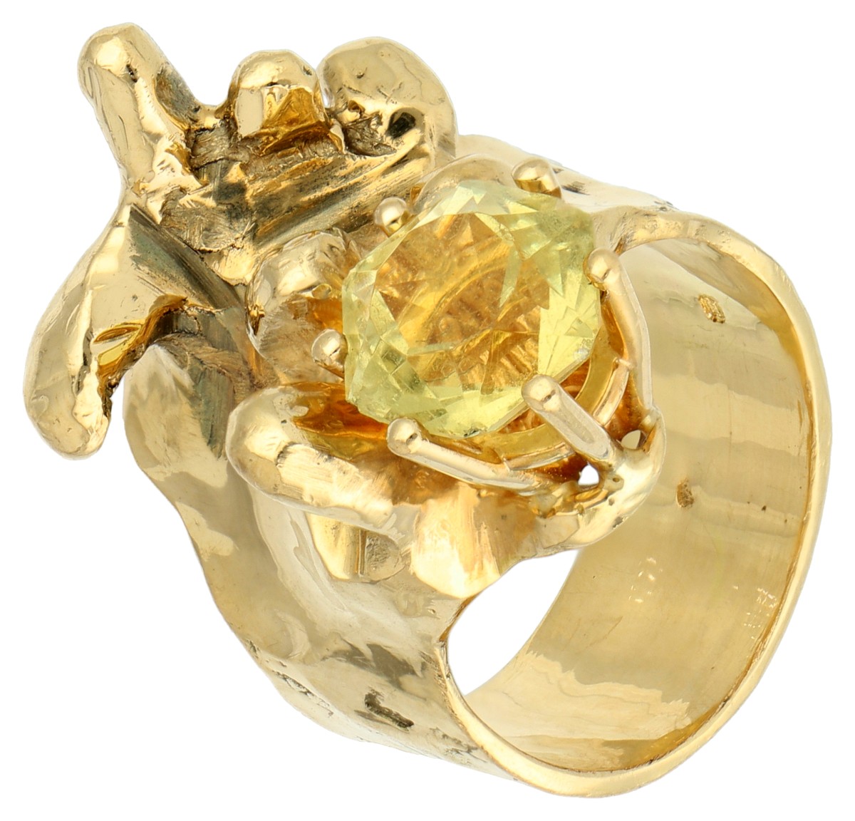 18K Geelgouden naturalistische ring met gele steen.