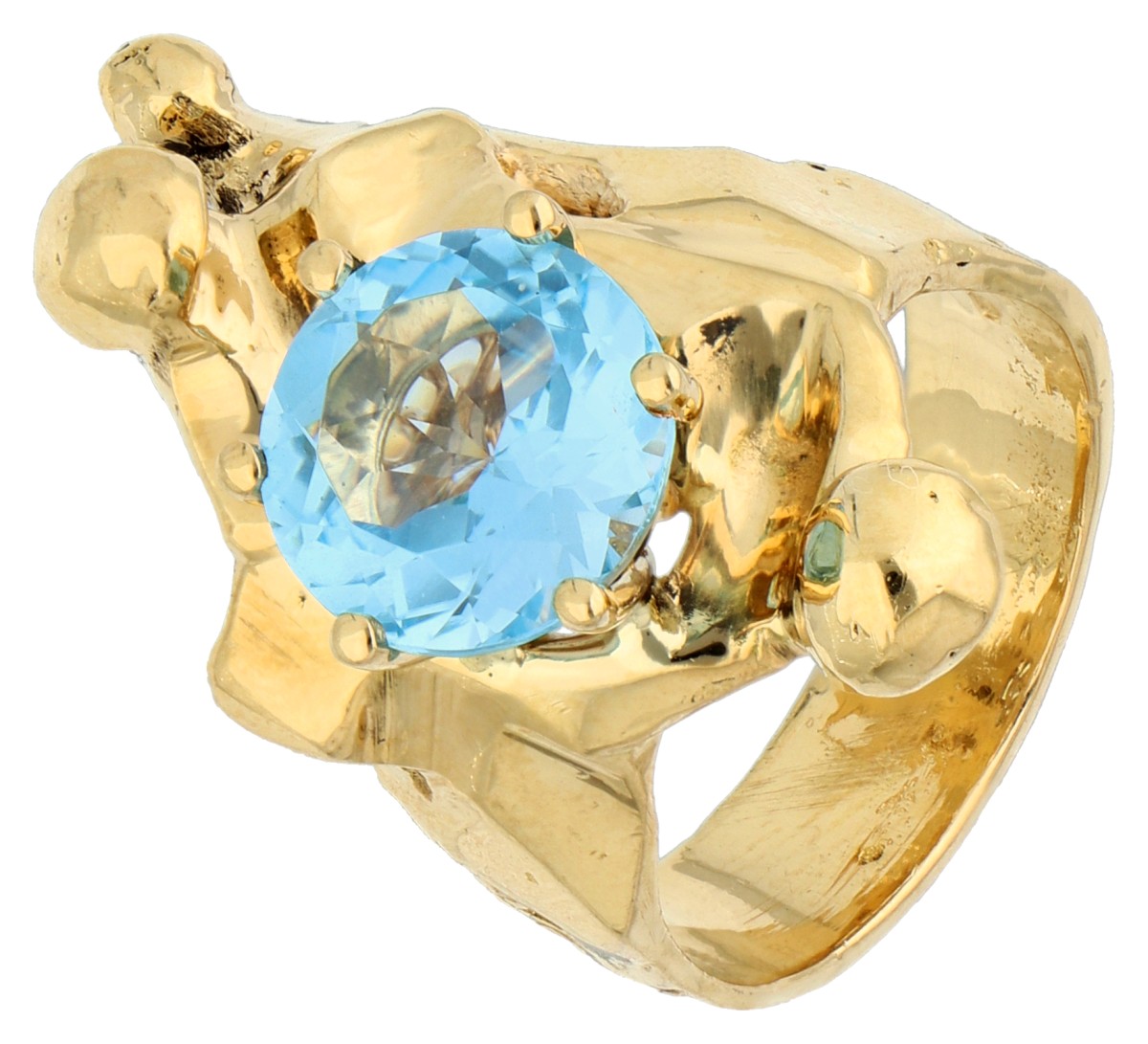 18K Geelgouden naturalistische ring met blauwe topaas.