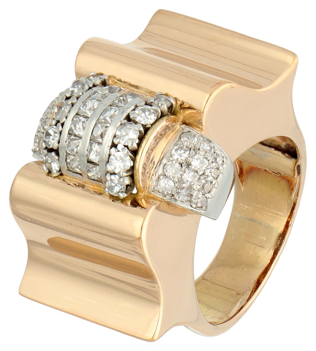 Franse 18K gouden / platina tank ring bezet met ca. 0.49 ct. diamant.