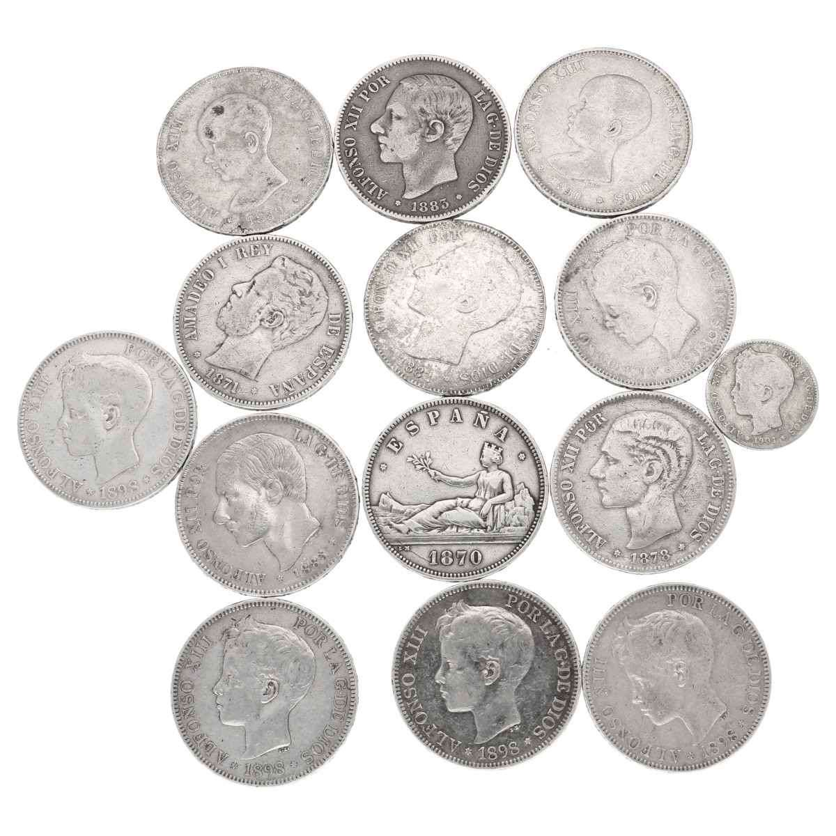 Spain. Lot (14) Peseta coins. 19th century.