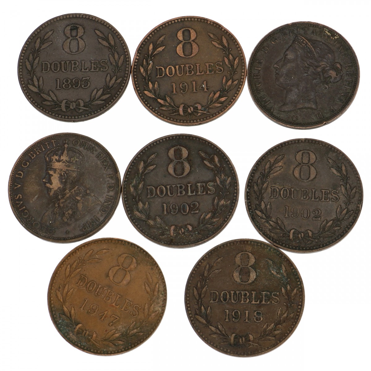 Guernsey/Jersey. Lot (8) 8 Doubles and 1/12 shilling. 1893-94, 1902 (2), 1914, 1918, 1923 and 1947.