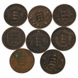 Guernsey/Jersey. Lot (8) 8 Doubles and 1/12 shilling. 1893-94, 1902 (2), 1914, 1918, 1923 and 1947.