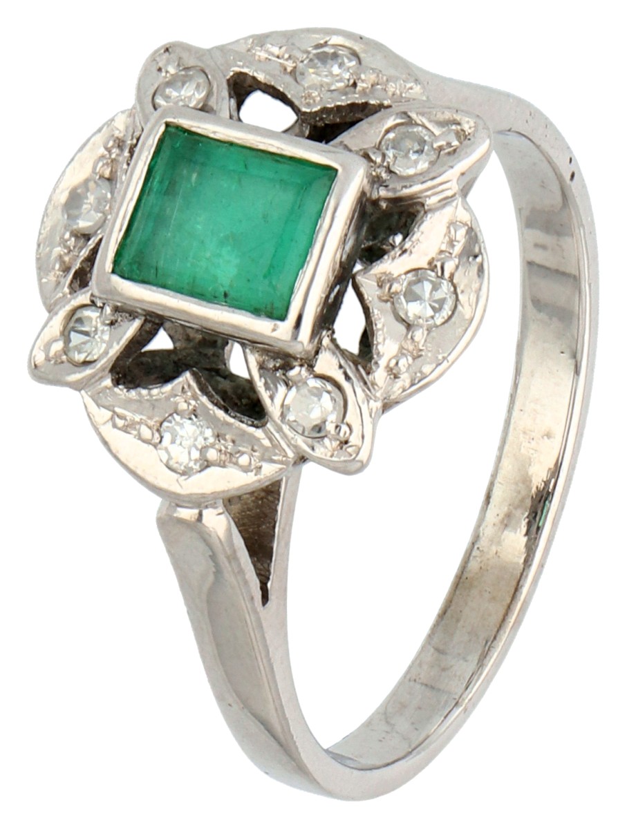 14K Witgouden Art Deco-stijl ring bezet met ca. 0.54 ct. smaragd.