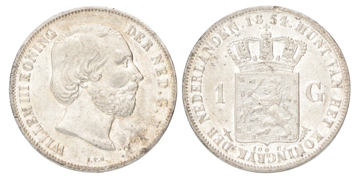1 Gulden. Willem III. 1854. Prachtig.