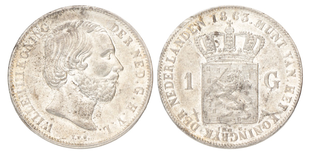 1 Gulden. Willem III. 1863. UNC -.